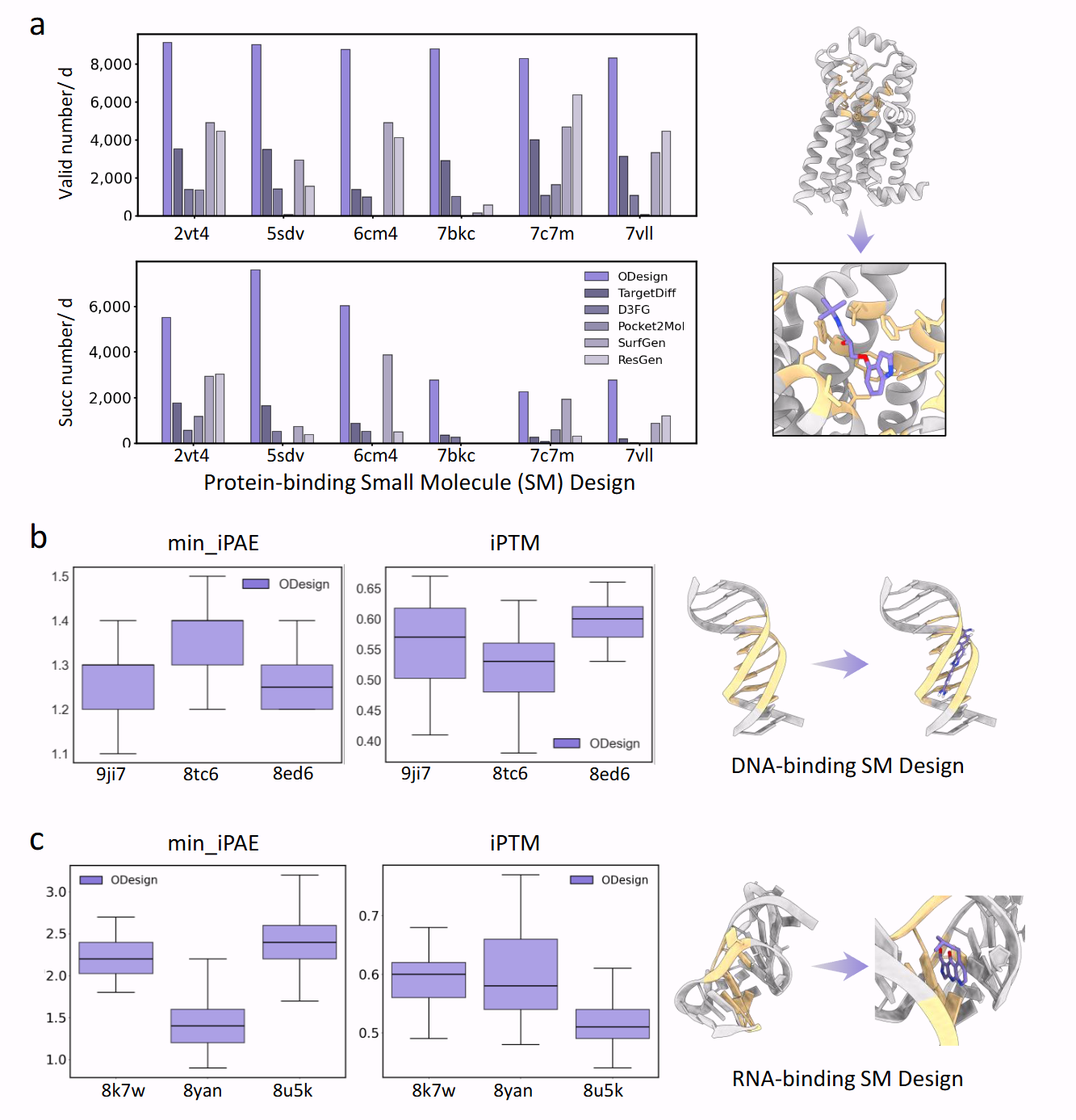 Small molecule design performance for protein-binding, DNA-binding, and RNA-binding ligands
